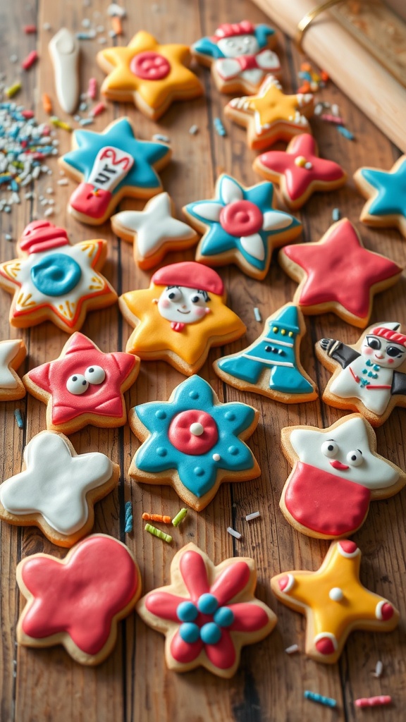Colorful 3D cookie art with intricate designs on a rustic wooden table.
